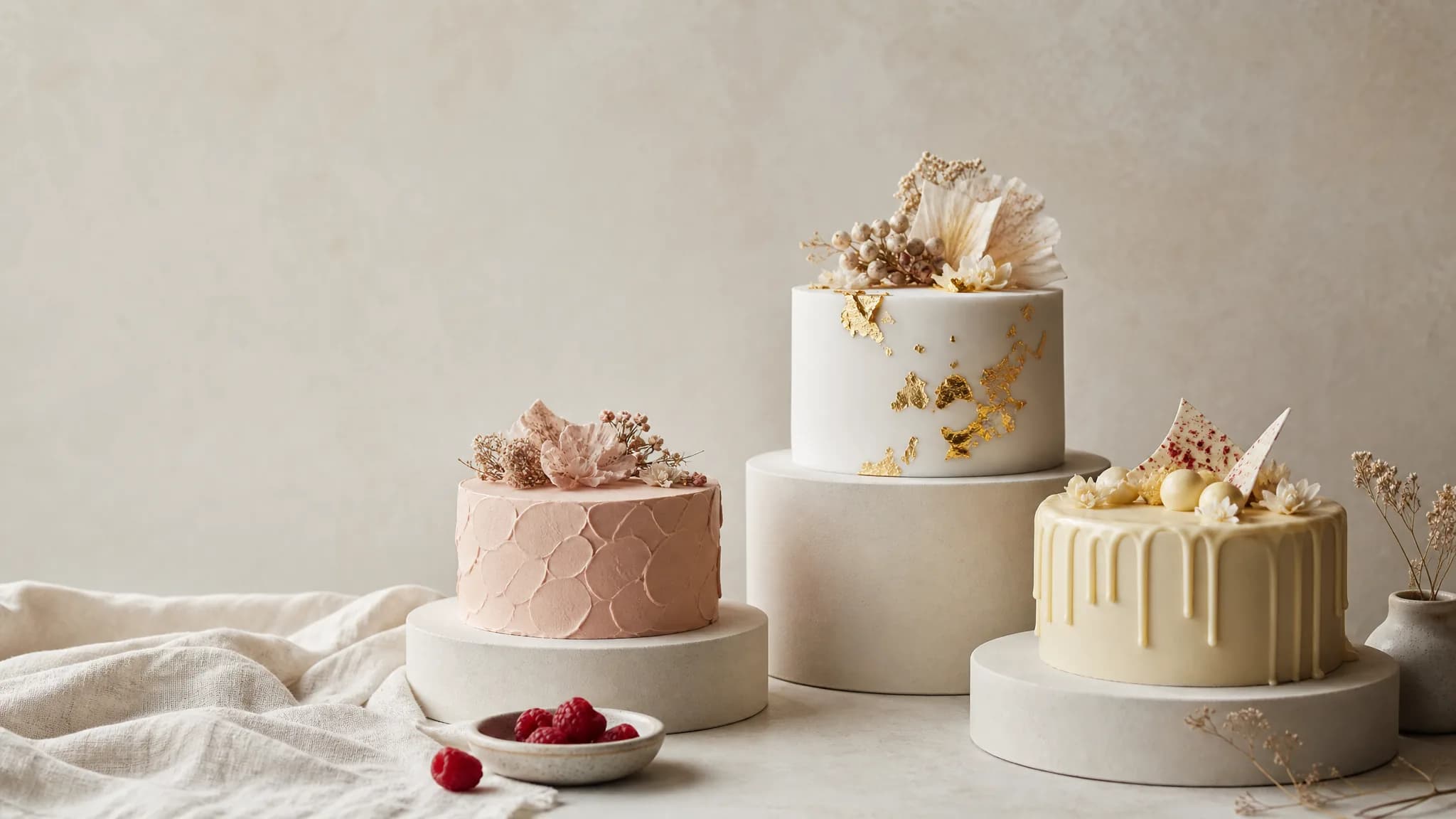 Three cake concepts on cream plinths